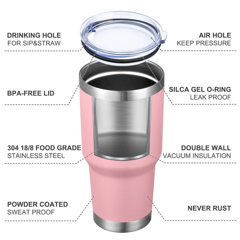MEWAY 30oz Insulated Tumbler With Lids and Straws,Stainless Steel Double Vacuum Coffee Tumbler Cup, Brush, Durable Powder Coated Coffee Cup for Cold & Hot Drinks, Office, Travel(Pink,8 PACK) - Image 4